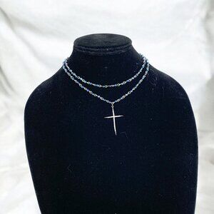 Silver Cross Pavè Crystal Pendant Necklace With Double-Strand Blue Beaded Chain